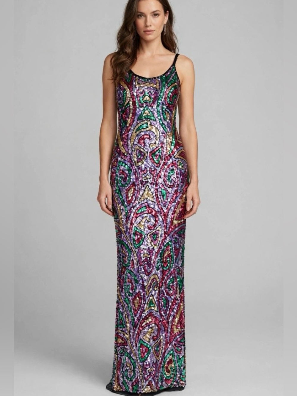 Vintage Nadine Hand-Beaded Sequin Paisley Maxi Gown - Multicolor Size 7/8